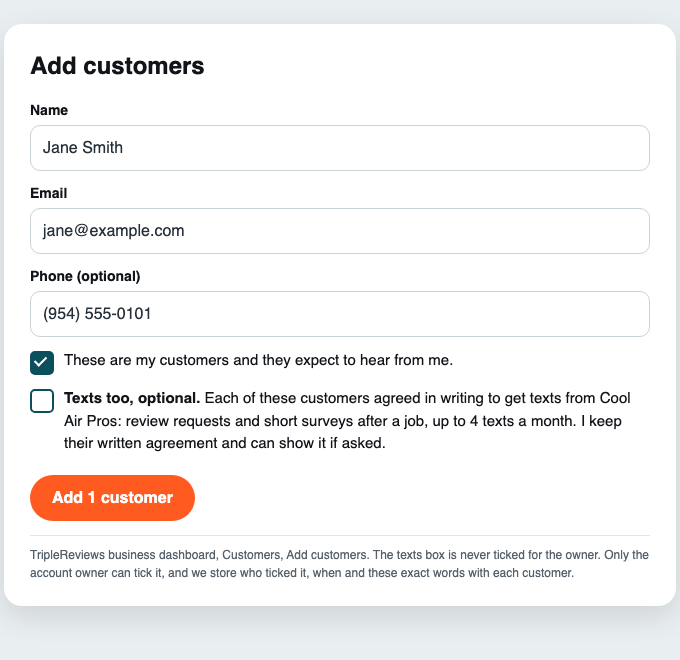 The Add customers window in TripleReviews: name, email and phone, the required tick that these are my customers, and a separate optional tick for texts with the exact consent words